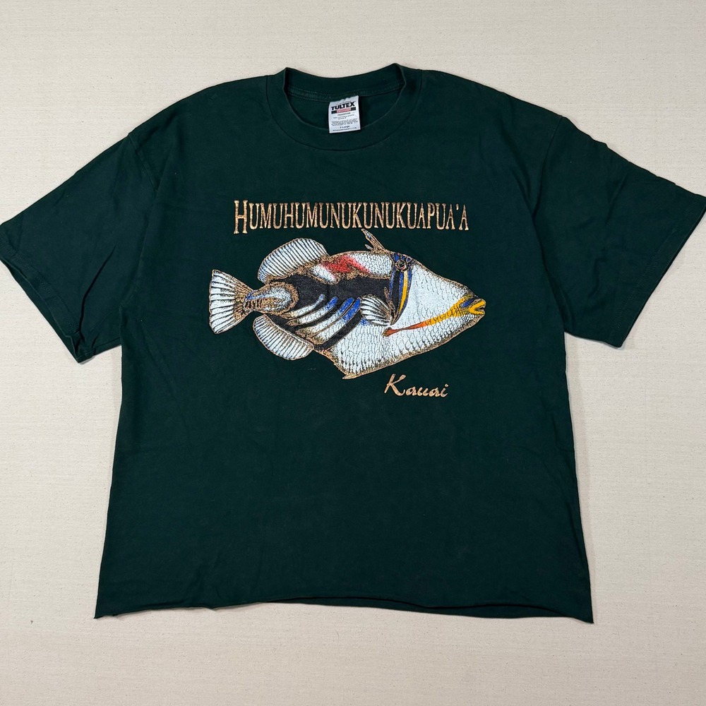 Vintage Tultex Humuhumunukunukuapua'a Kauai Hawaii Fish T-Shirt Green XL Cropped